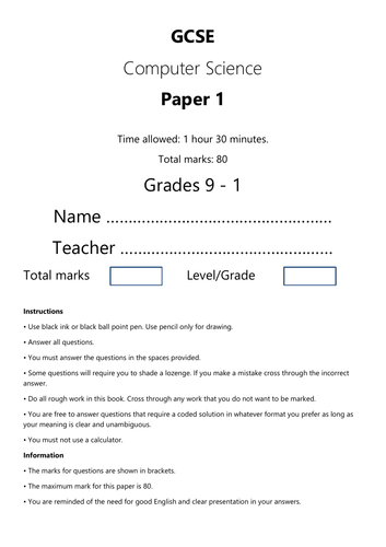GCSE Computer Science Paper 1 Mock Exam in style of AQA New Spec Grade 9 - 1 8520