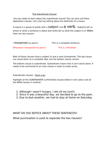 Subordinate clause worksheet