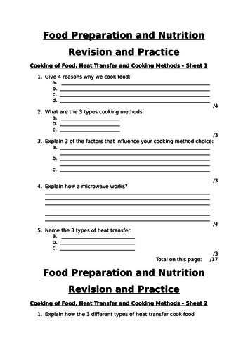 Cooking Methods and Heat Transfer Revision Worksheets  AQA FPN