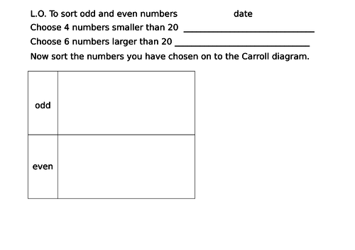 Sorting odd and even numbers into a Carroll diagram, Year 2 worksheets ...