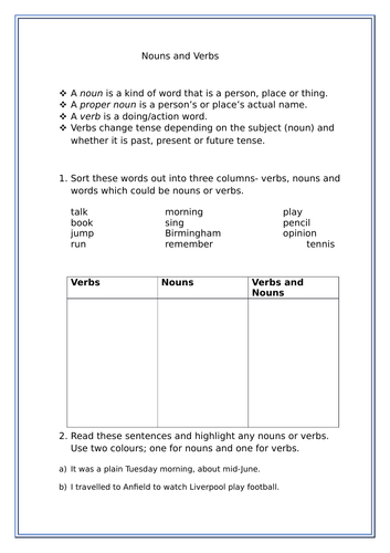 Nouns and verbs worksheet | Teaching Resources