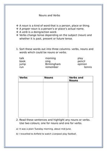 Nouns and verbs worksheet