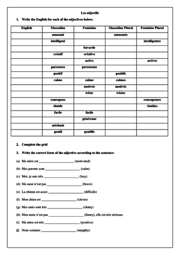 French KS3 adjective & agreement practice _ Allez 1 _ mon monde perso