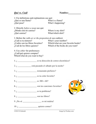 Qué vs. Cuál Spanish Worksheet