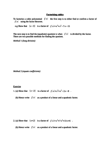 Factor theorem worksheets
