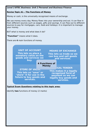 BTEC Level 3 Business - Unit 3 Personal and Business Finance Exam - Revise Functions of Money (A1)