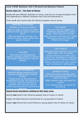 BTEC Level 3 Business - Unit 3 Personal and Business Finance Exam - Revise Role of Money (A1)