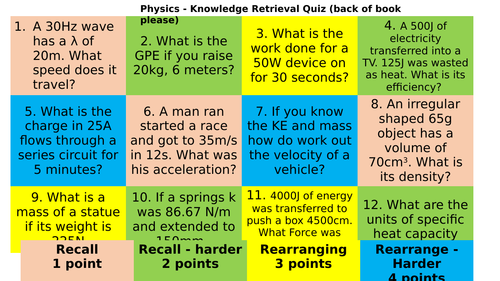 Retrieval Quiz - Physics Equations