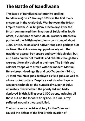 The Battle of Isandlwana Handout