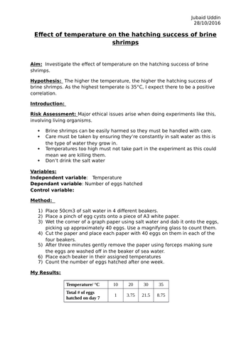 BIOLOGY AS/A LEVEL SALTERS NUFFIELD PRACTICAL WRITE-UP - Effect of temperature on hatching success