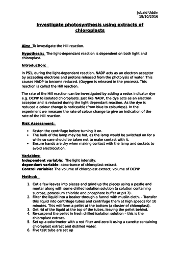 BIOLOGY AS/A LEVEL SALTERS NUFFIELD PRACTICAL WRITE-UP - Investigating photosynthesis