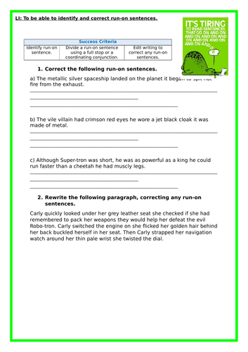 KS2 English Run on Sentences Worksheet and Presentation