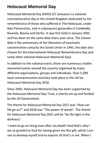 Holocaust Memorial Day Handout