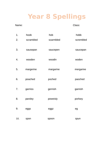 Year 8 spelling layout