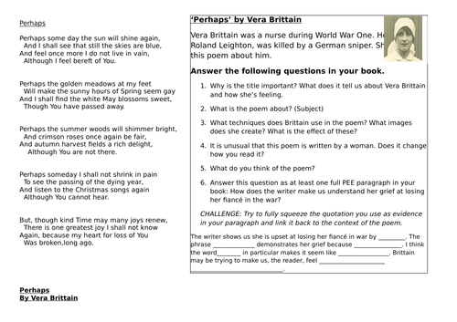 Independent Task for Vera Brittain's 'Perhaps' | Teaching Resources