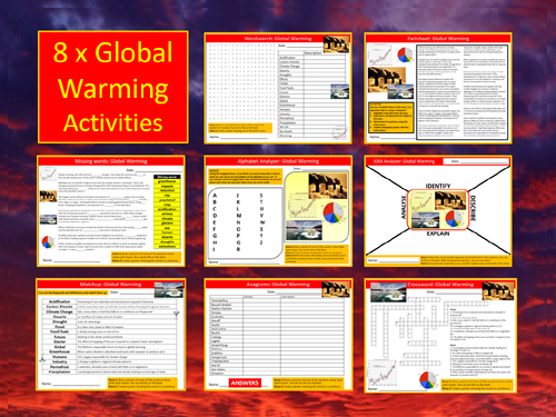 8 x Global Warming Starter Activities Keywords Wordsearch Crossword Geography Climate Change