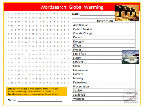 Global Warming Wordsearch Puzzle Sheet Keywords Settler Starter Cover  Geography Climate Change