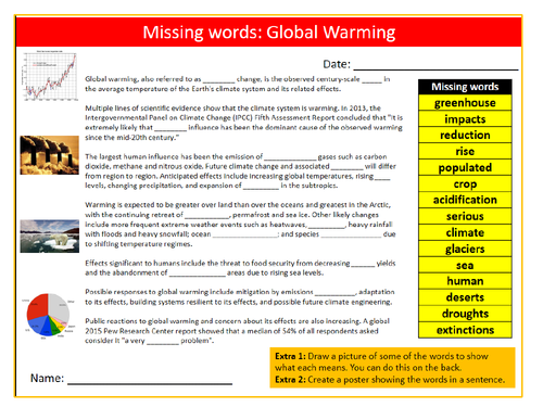 Global Warming Missing Words Cloze Sheet Keywords Settler Starter Cover Geography Climate Change