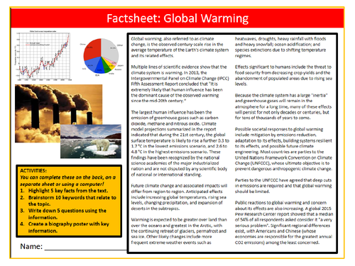 Global Warming Factsheet Worksheet Keywords Settler Starter Cover Geography Climate Change