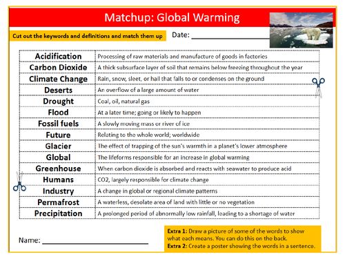 Global Warming Definition Match Up Sheet Keywords Settler Starter Cover Geography Climate Change Teaching Resources