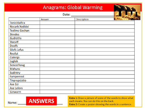 Global Warming Anagrams Puzzle Sheet Keywords Settler Starter Cover Geography Climate Change