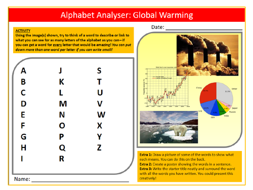 Global Warming Alphabet Analyser Sheet Keywords Settler Starter Cover Geography Climate Change