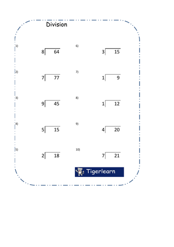 10 simple division questions worksheet with answers teaching resources