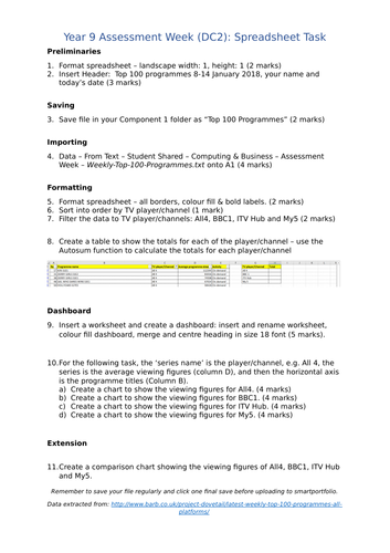 BTEC Digital IT - Year 9 Assessment: Component 1 Spreadsheet