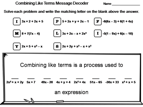 Combining Like Terms Activity: Math Message Decoder