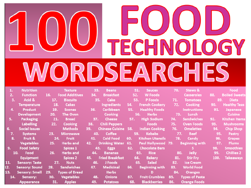 100 x Food Technology Wordsearches Keyword Starters Settlers Wordsearch Cover Homework Plenary