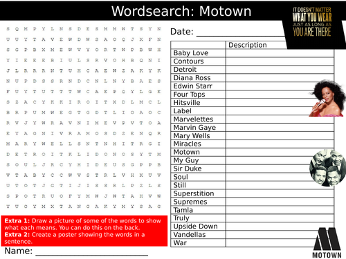 Motown Wordsearch Puzzle Sheet Keywords Settler Starter Cover Lesson Music Genre