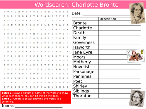 Charlotte Bronte Wordsearch Puzzle Sheet Keywords Settler Starter Cover Lesson Author English