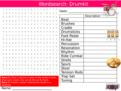 Drums Wordsearch Puzzle Sheet Keywords Settler Starter Cover Lesson Music Instrument
