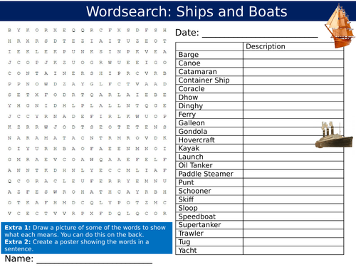 Ships and Boats Wordsearch Puzzle Sheet Keywords Settler Starter Cover Lesson Transport