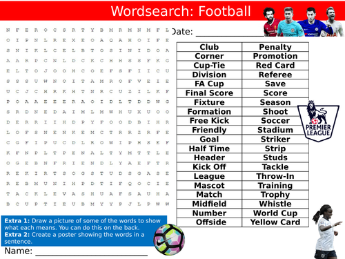 Football Wordsearch Puzzle Sheet Keywords Settler Starter Cover Lesson PE Sports
