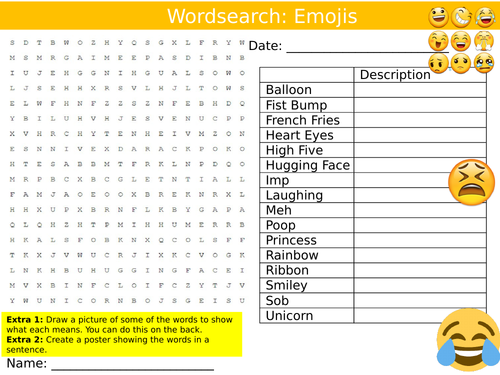 Emojis Wordsearch Puzzle Sheet Keywords Settler Starter Cover Lesson PSHE Emotions Feelings