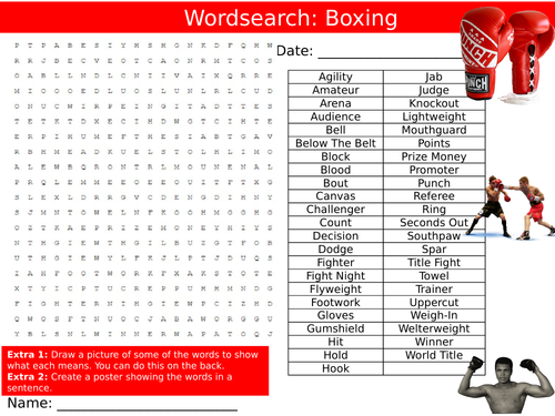 Boxing Wordsearch Puzzle Sheet Keywords Settler Starter Cover Lesson PE Sports