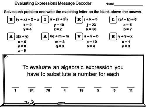 Evaluating Algebraic Expressions Worksheet: Math Message Decoder