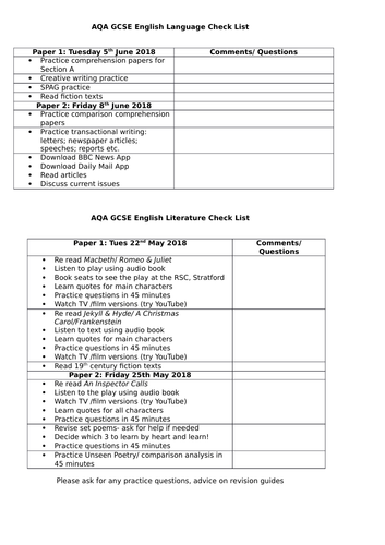 AQA GCSE English Language/Literature Checklist