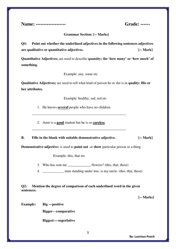 English Grades 3 or 4 paper - assessment with grammar, comprehension & creative writing