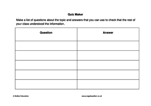 Quiz - template for children to write questions about a topic
