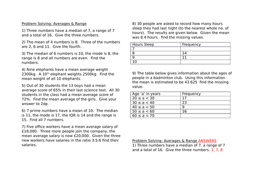 Problem Solving Averages And Range Teaching Resources