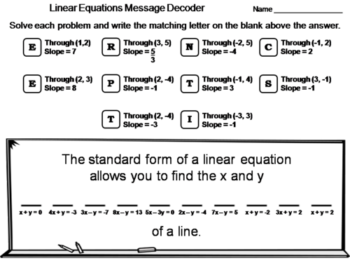 Linear Equations Worksheet: Math Message Decoder