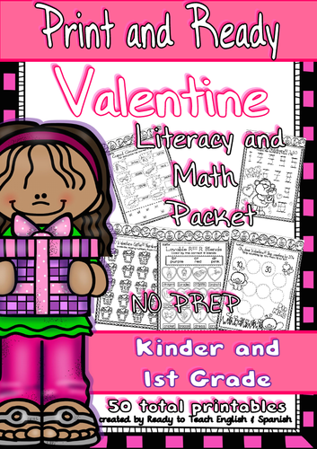 Valentine - Print and Ready - Literacy and Maths Packet/ Kinder-1st Grade (54 pages)