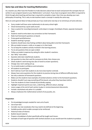 Some tips and ideas for teaching Mathematics