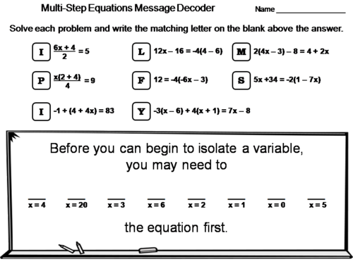 Multi-Step Equations Worksheet: Math Message Decoder