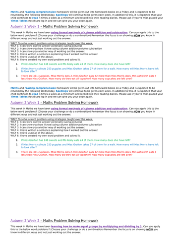 Year 3 - x6 problem solving maths homeworks