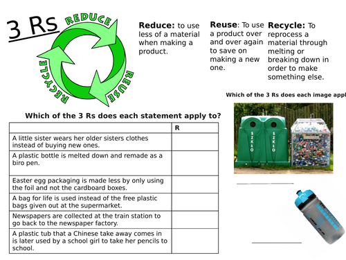 Reduce Reuse Recycle Activity Sheets