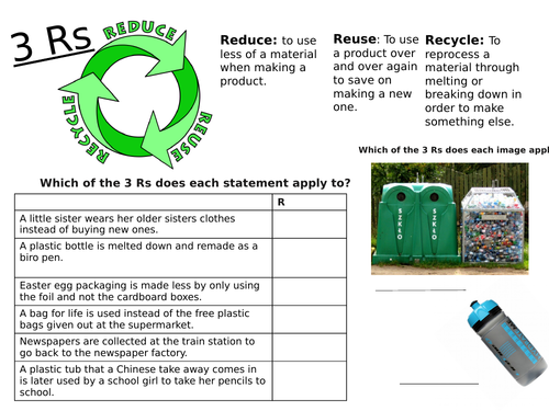 Reduce Reuse Recycle Activity Sheet