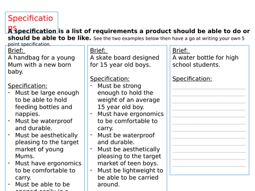 How to write a specfication activity sheet